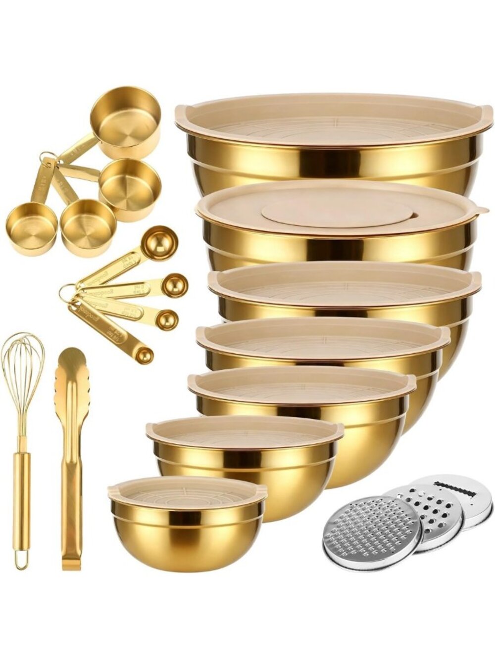 20-Piece Gold Mixing Bowls Set with Lids, Graters, Measuring Spoons & Whisk